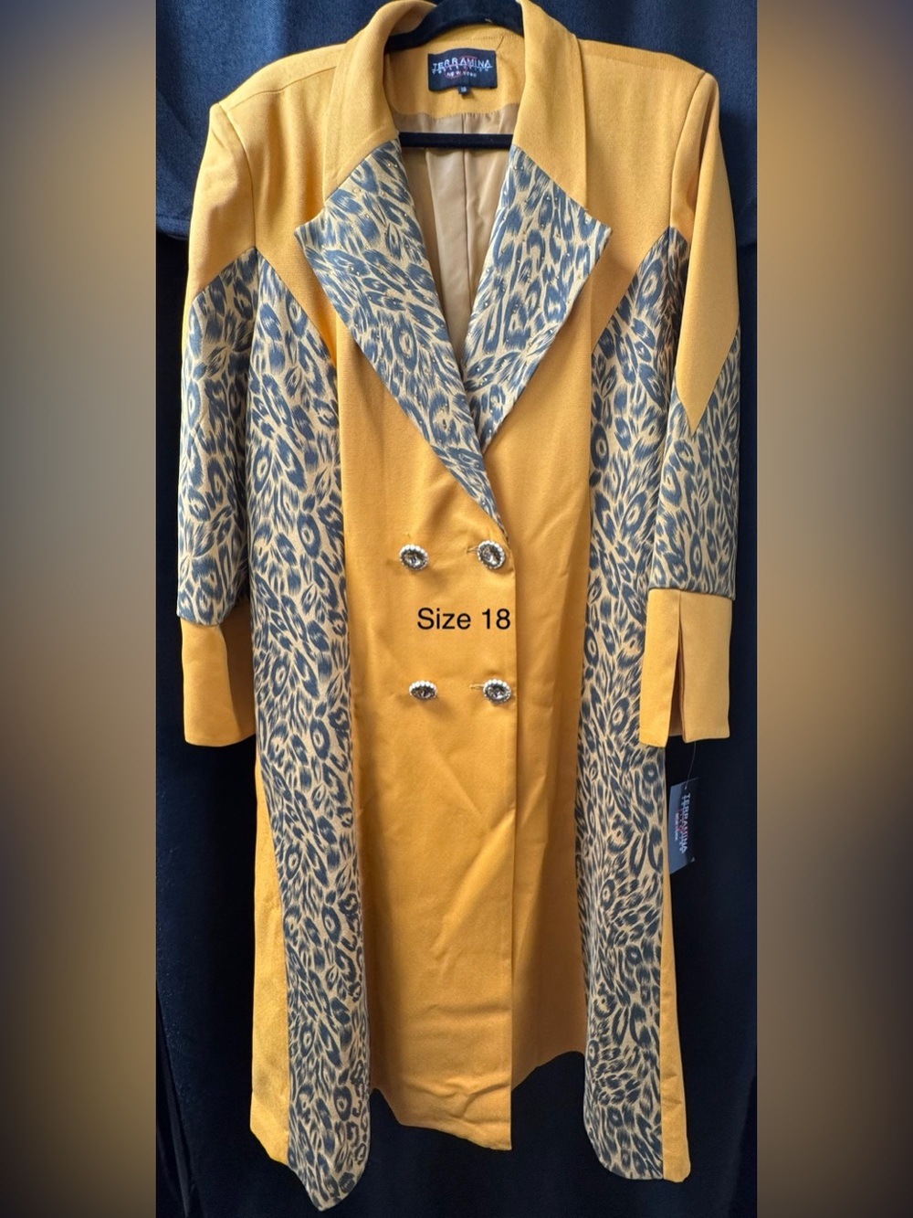 Terramina Mustard Yellow and Gray Patterned Long Trench Coat